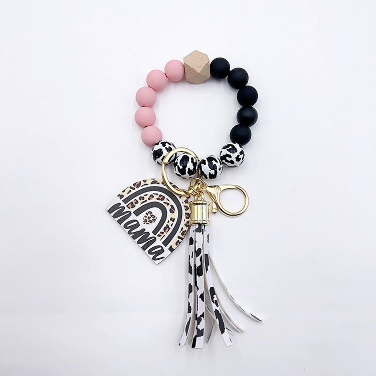 Wholesale Lacquer Round Beads Cow Pattern Wooden Beads Rainbow Wooden Sign Tassel Bracelet Keychain